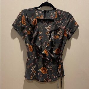 Floral Wrap Top - Gray and Orange